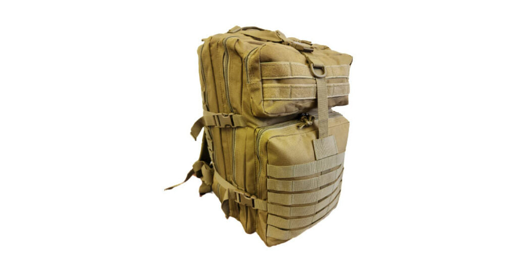 Tan tactical backpack on a white background
